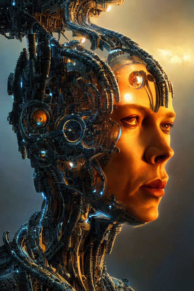 Humanoid with intricate mechanical details and glowing eyes in side-profile.