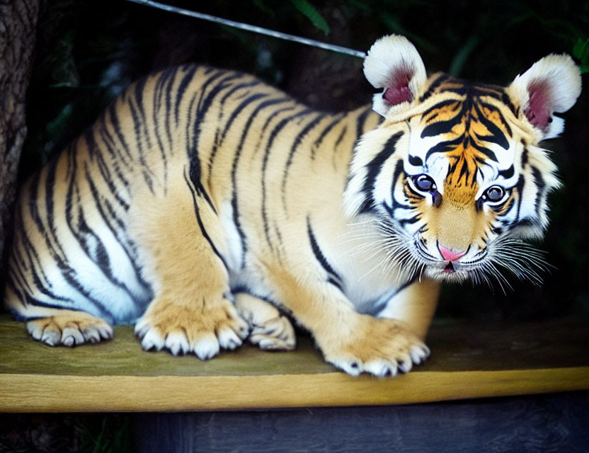 Striped tiger cub with bright eyes on wooden platform among foliage