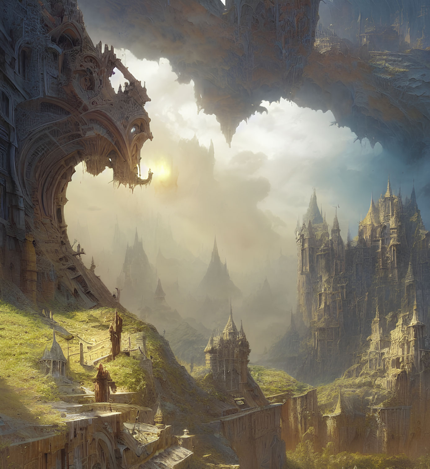 Fantasy landscape with ancient structures on towering cliffs in golden light