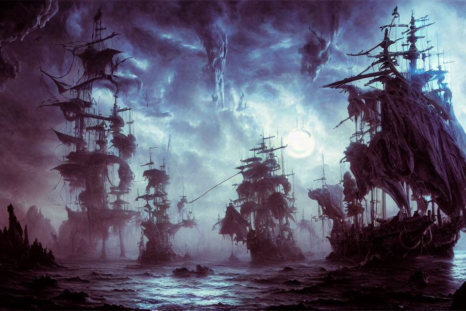 Ghostly ships in misty dark blue atmosphere with eerie figures and haunting moon