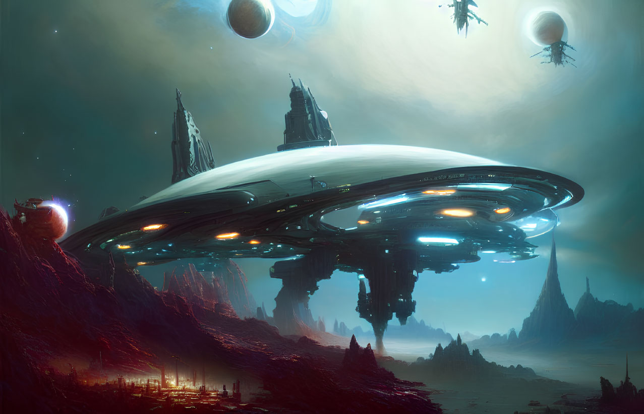 Gigantic spaceship over alien landscape with towering structures