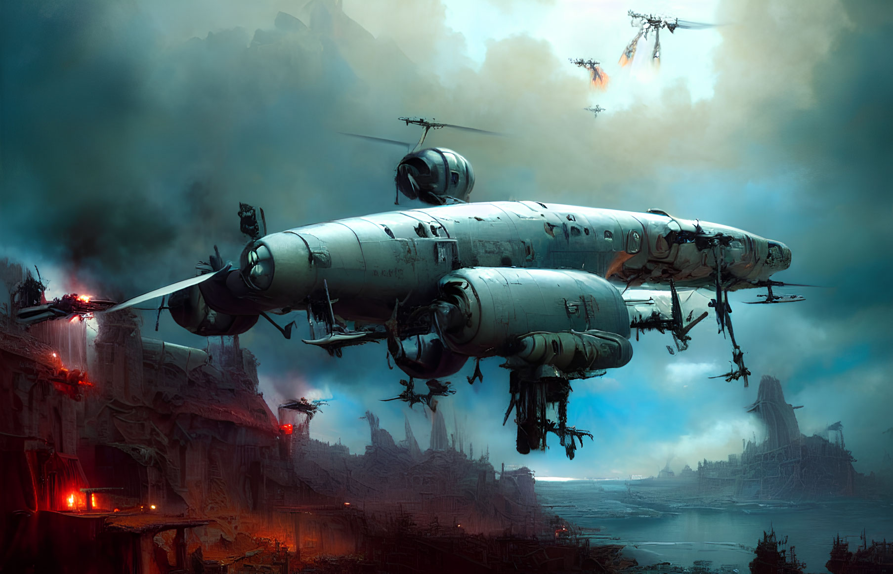 Futuristic airborne battleship over dystopian cityscape with propellers and smaller aircraft in moody