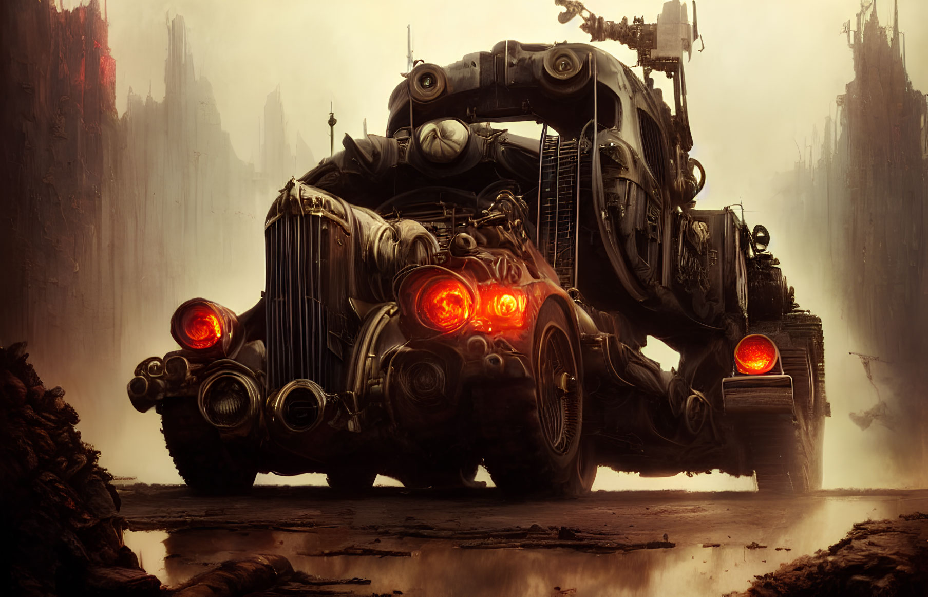 Armored vehicle with red headlights in dystopian setting