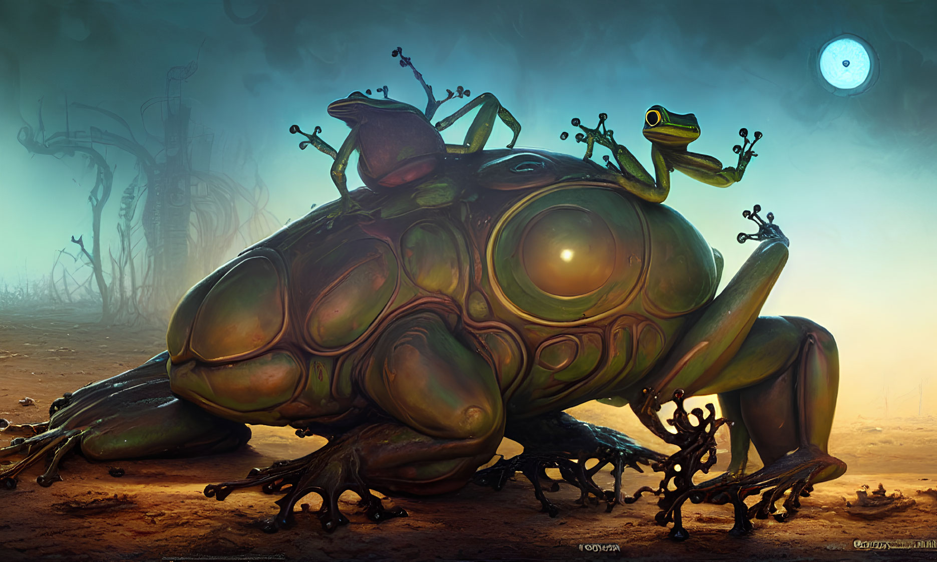 Giant mechanical frog and smaller frog in futuristic alien landscape