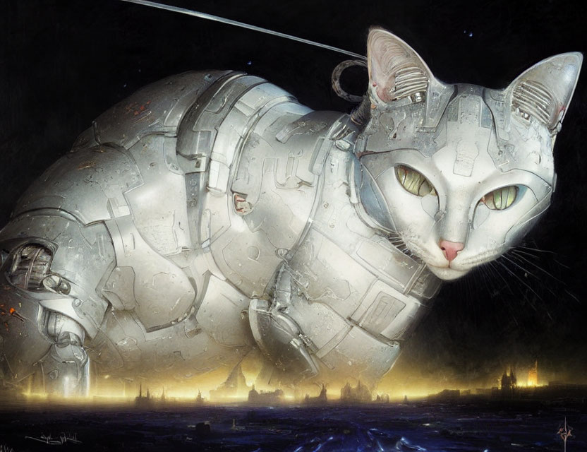 Futuristic metallic cat sculpture with glowing eyes against starry sky and cityscape