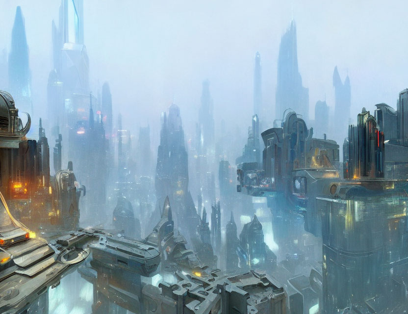 Futuristic cityscape with skyscrapers, lights, and flying vehicles in misty blue atmosphere