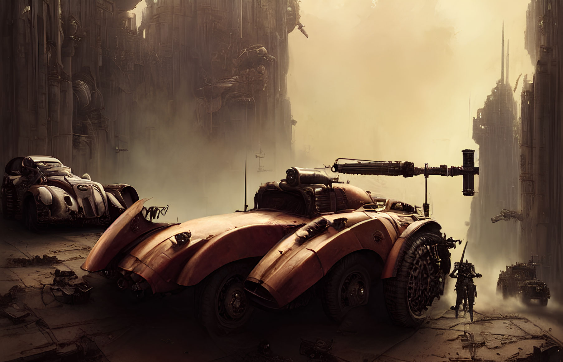 Futuristic armored vehicle and robotic figure in dystopian ruins