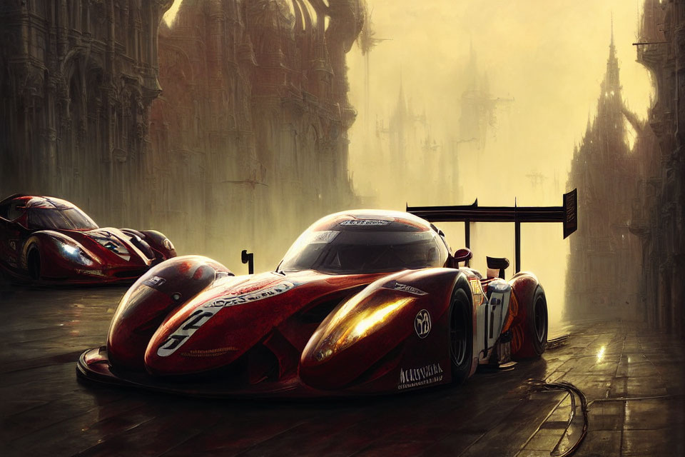 Sleek race cars in gothic cityscape with misty spires