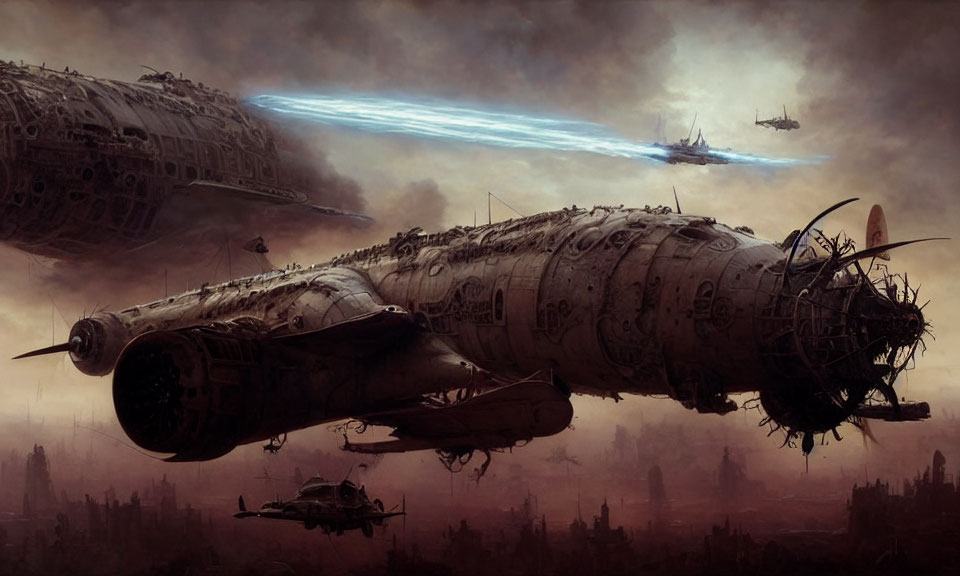 Dystopian scene: dilapidated airships over desolate cityscape