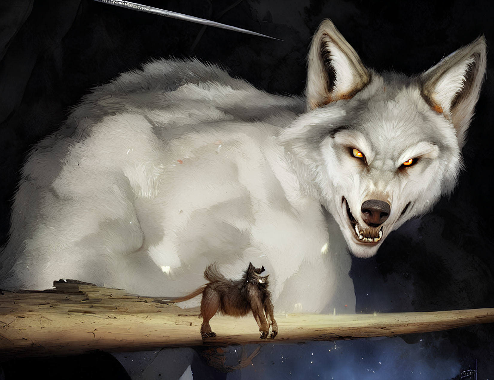 White wolf confronts brown cat on tree branch under dark sky with falling sword