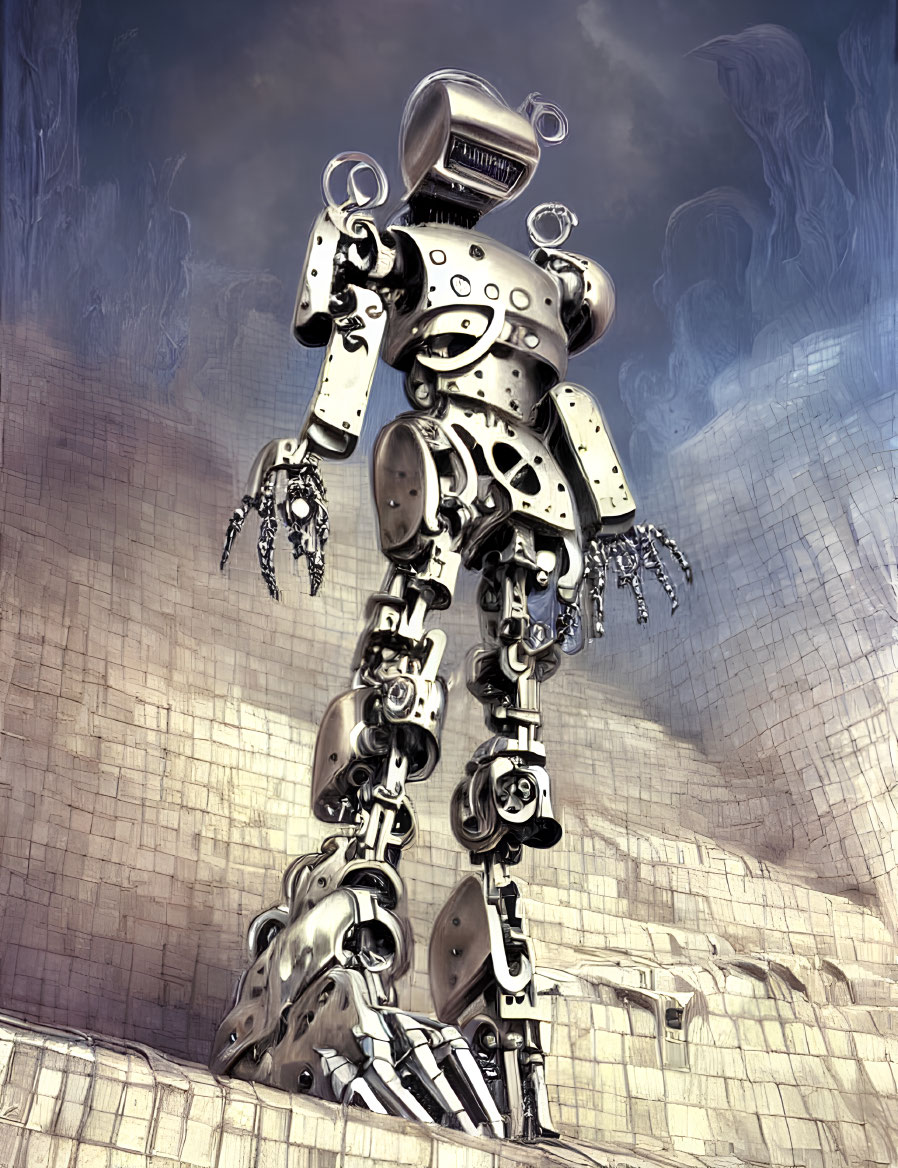 Metallic humanoid robot with blocky head and claws in tiled room with smoke