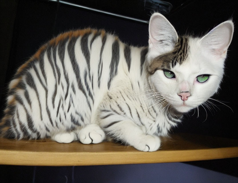 Unusual zebra-striped coat cat on wooden shelf with green eyes