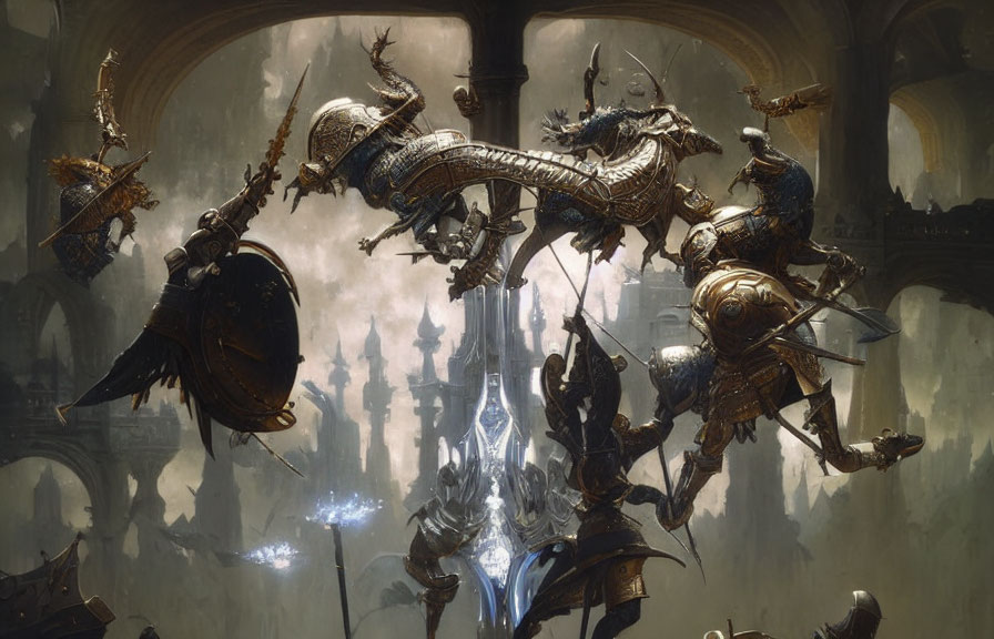 Armored warriors and creatures clash in epic aerial battle in cathedral setting