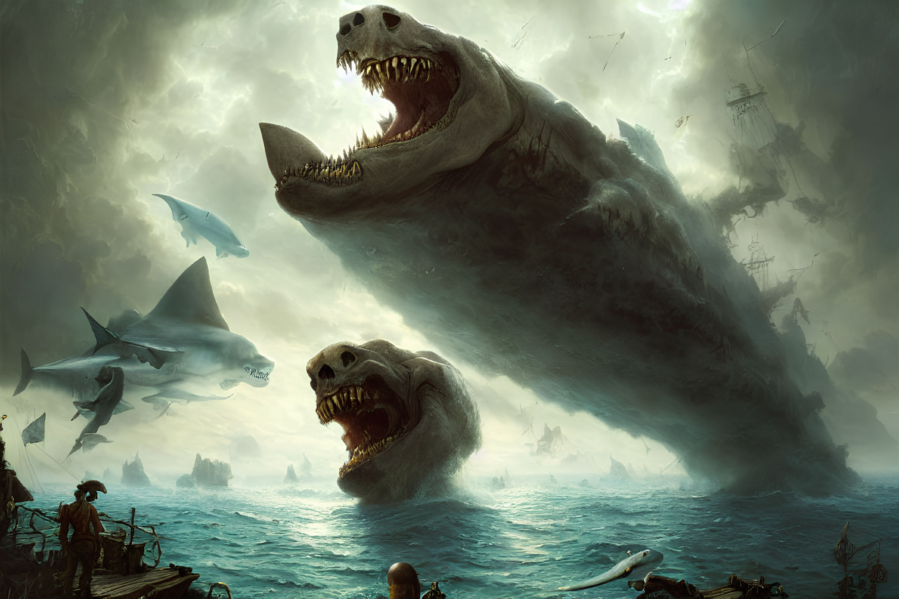 Stormy Ocean Scene: Giant Sharks Attack Ships with Person Facing Danger