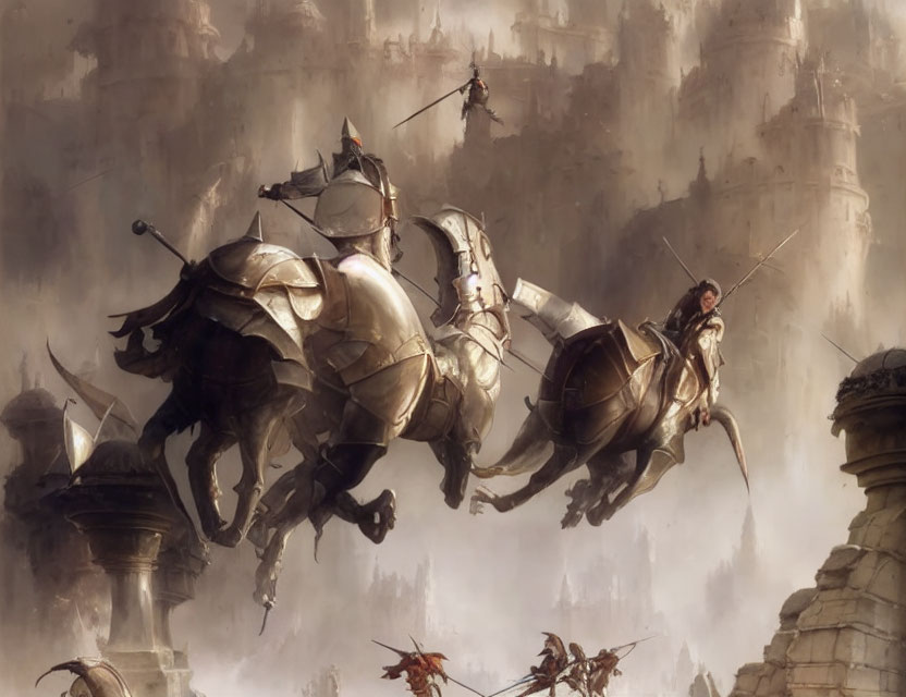 Medieval knights on flying horses battle above a castle landscape