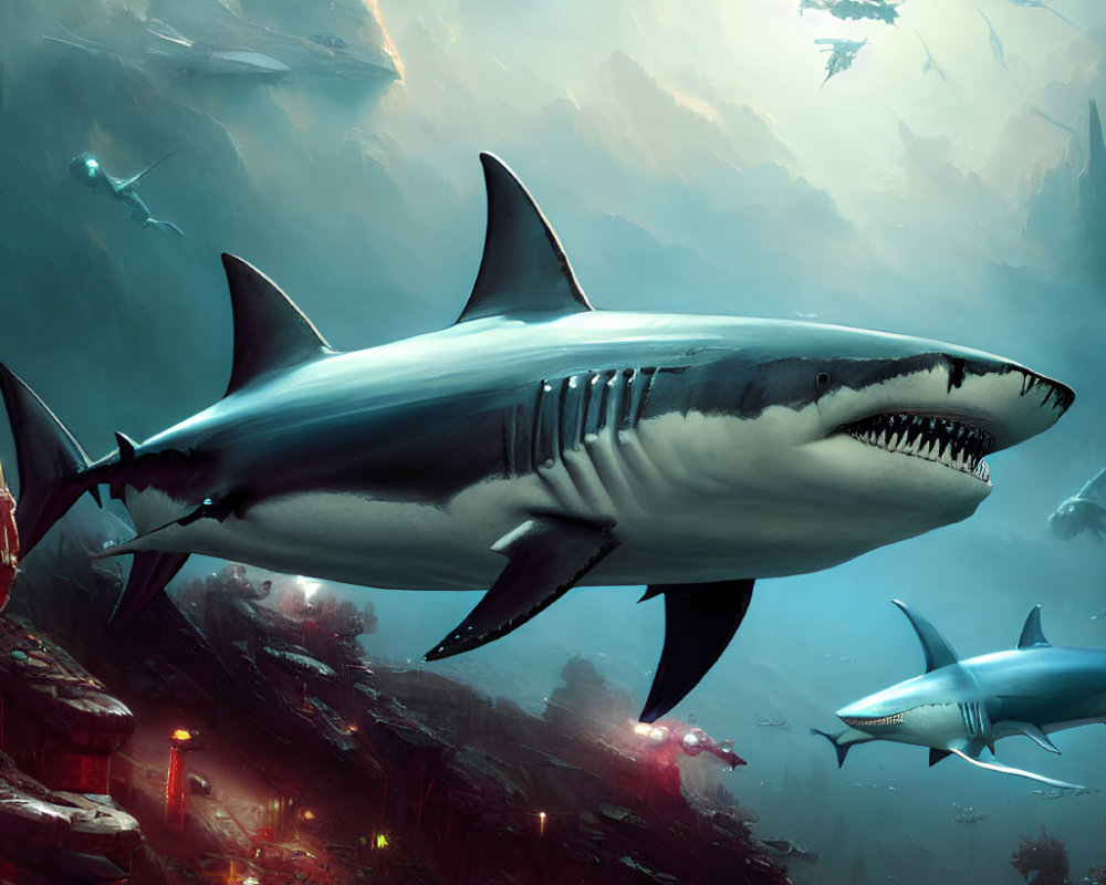 Digital artwork of ferocious shark in underwater scene