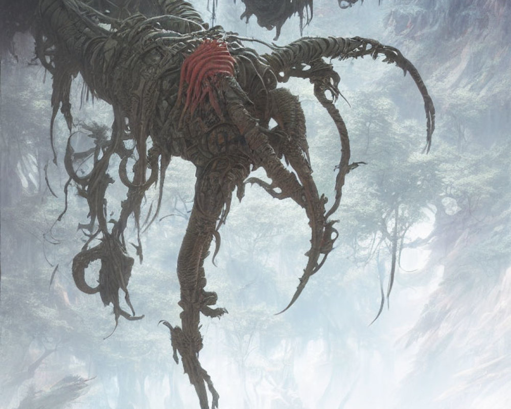 Fantastical creature with long tentacles in misty forest canopy