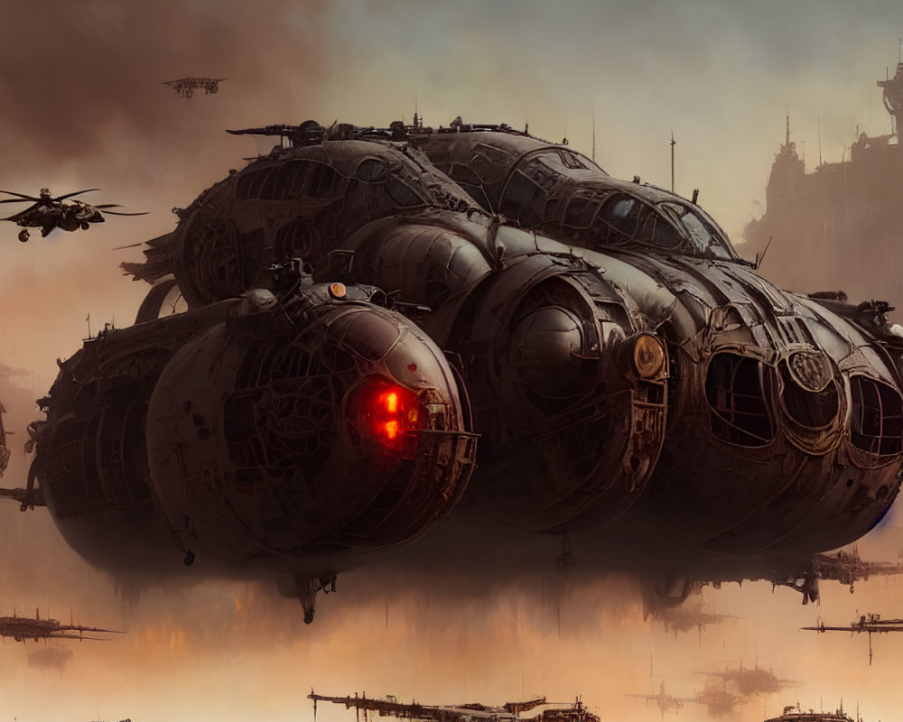 Dark Dystopian Landscape with Red Glowing Eye and Airships