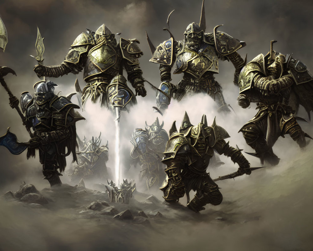 Armored warriors with weapons in misty fantasy landscape