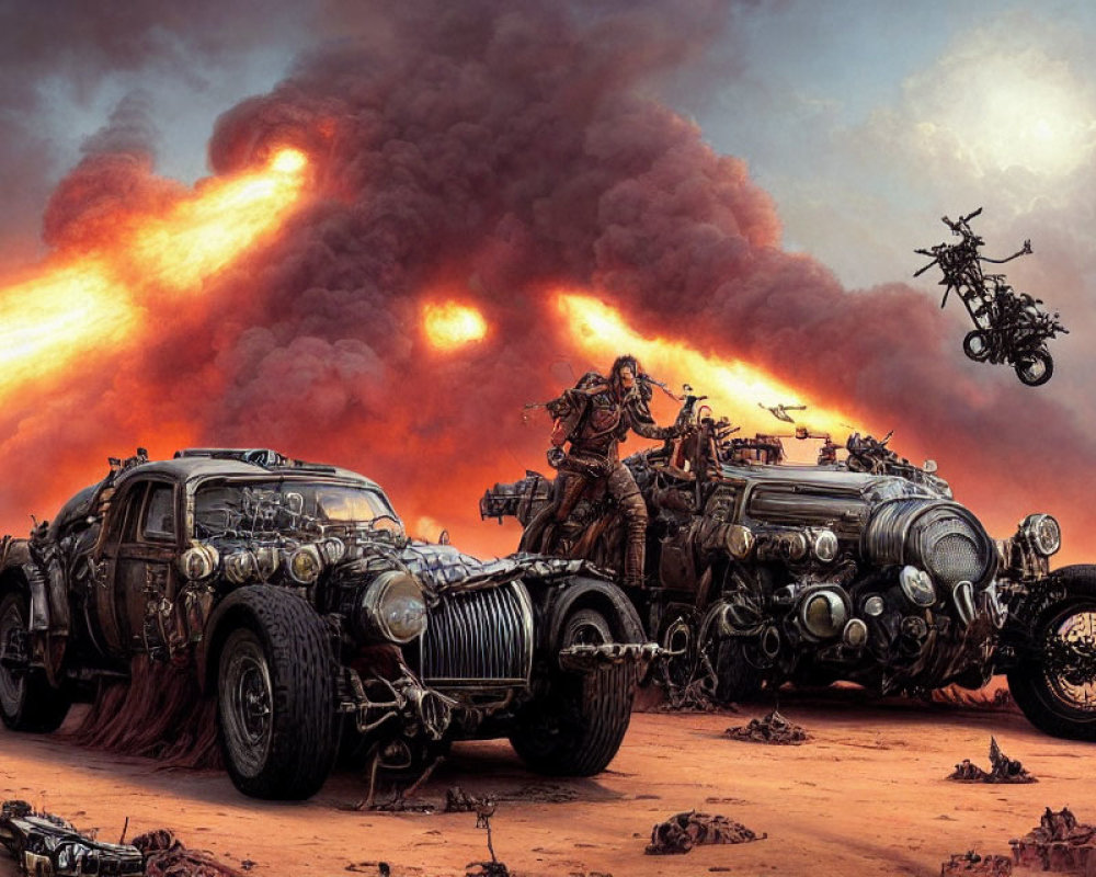 Modified cars, airborne motorcyclist, fiery explosion in apocalyptic landscape