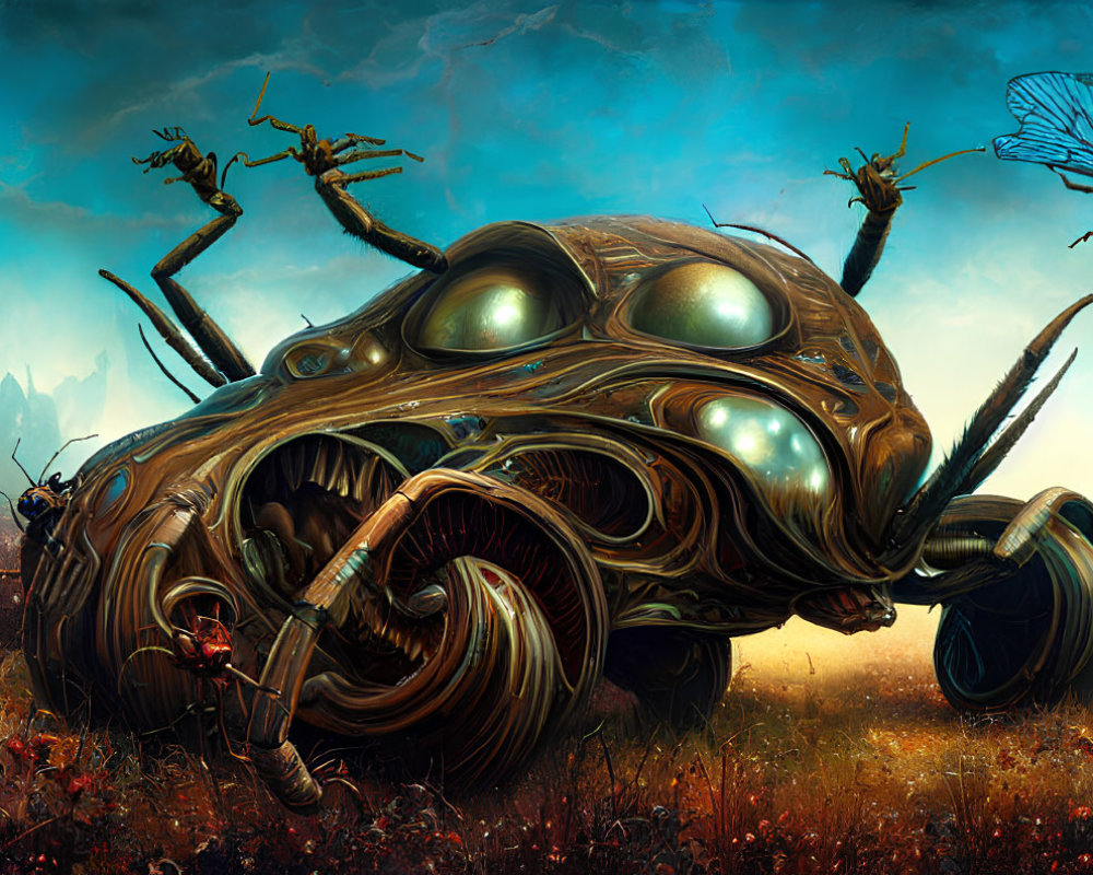 Surreal steampunk scene with mechanical beetle and insects in dystopian landscape