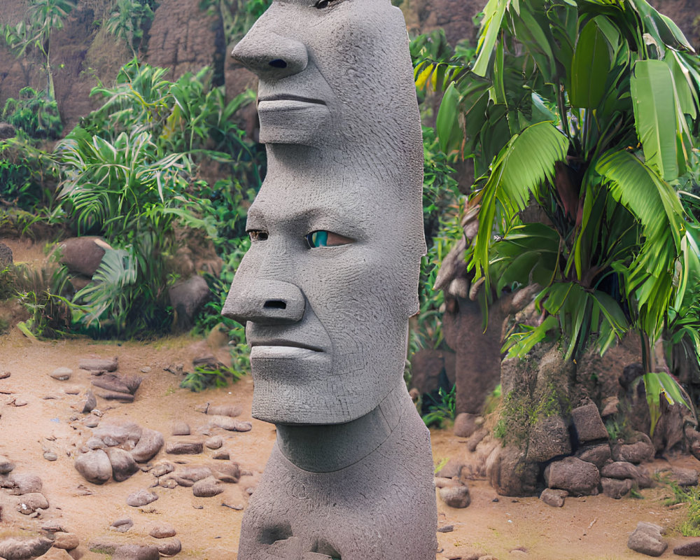 Digital artwork of three-tiered stone head statue in lush greenery.