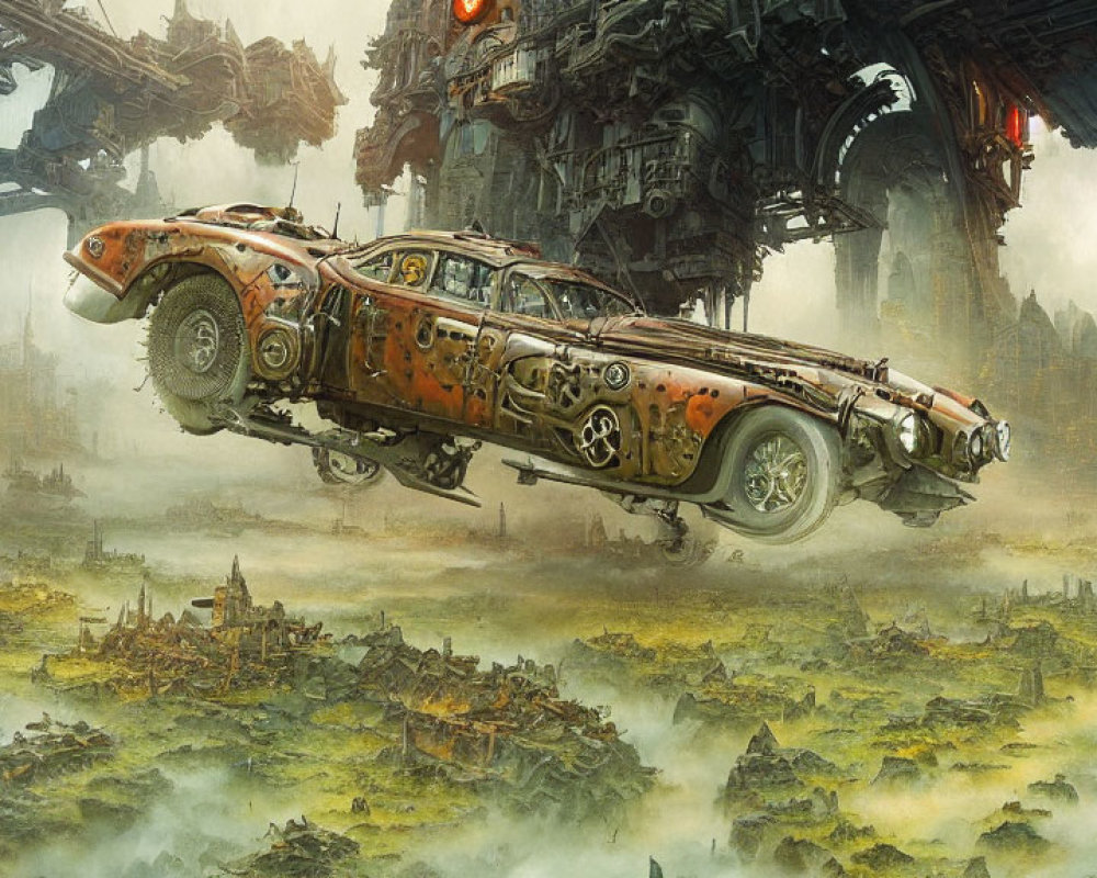 Rusted classic car in mid-air over dystopian landscape