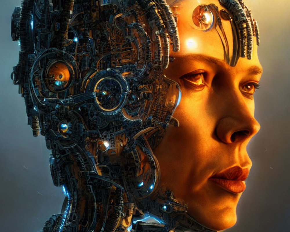 Humanoid with intricate mechanical details and glowing eyes in side-profile.