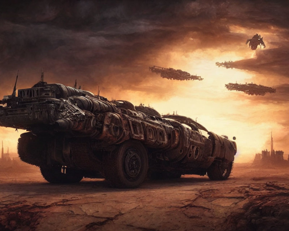 Armored train in dystopian desert with hovering airships