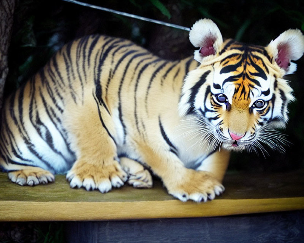 Striped tiger cub with bright eyes on wooden platform among foliage