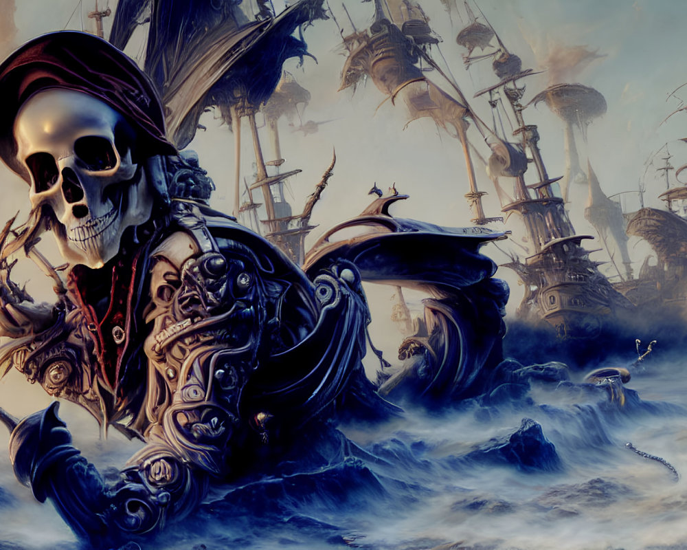 Fantasy Artwork: Skull with Pirate Hat on Ornate Armor, Ships and Sea Background