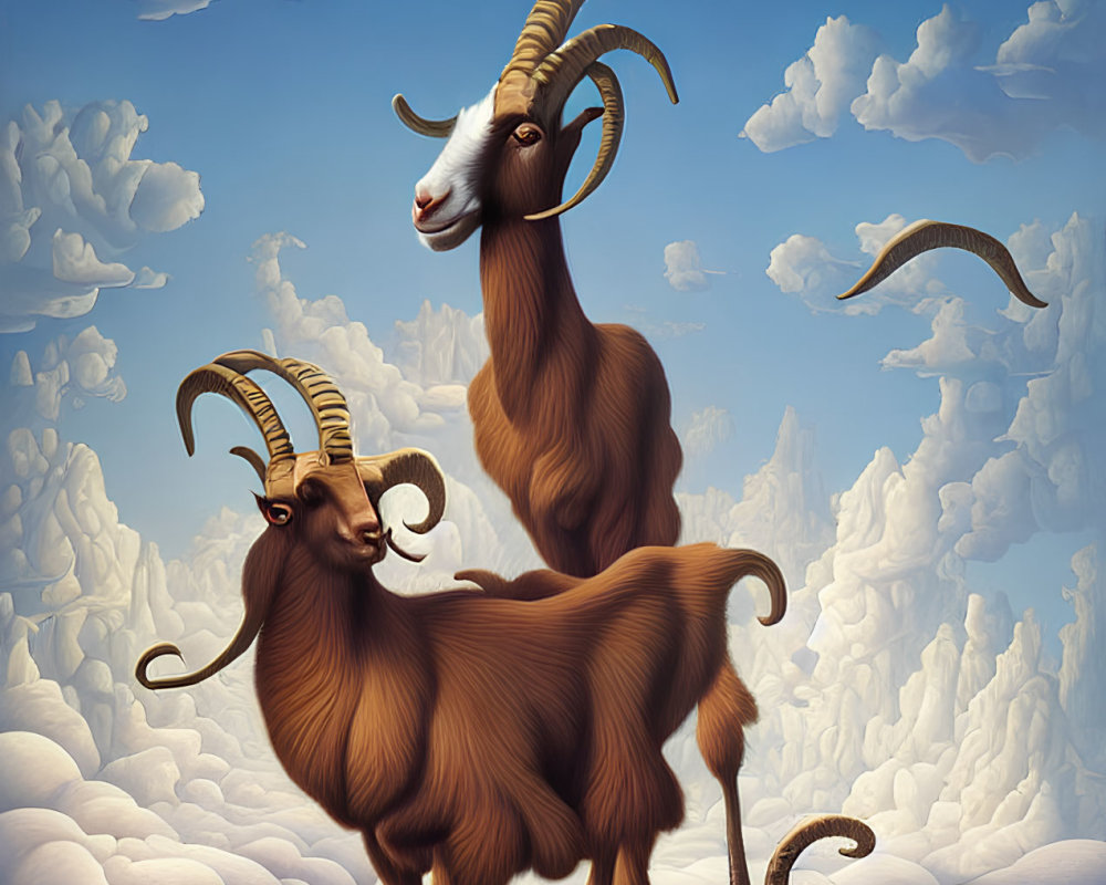 Surreal goats with long horns standing back-to-back against sky and clouds