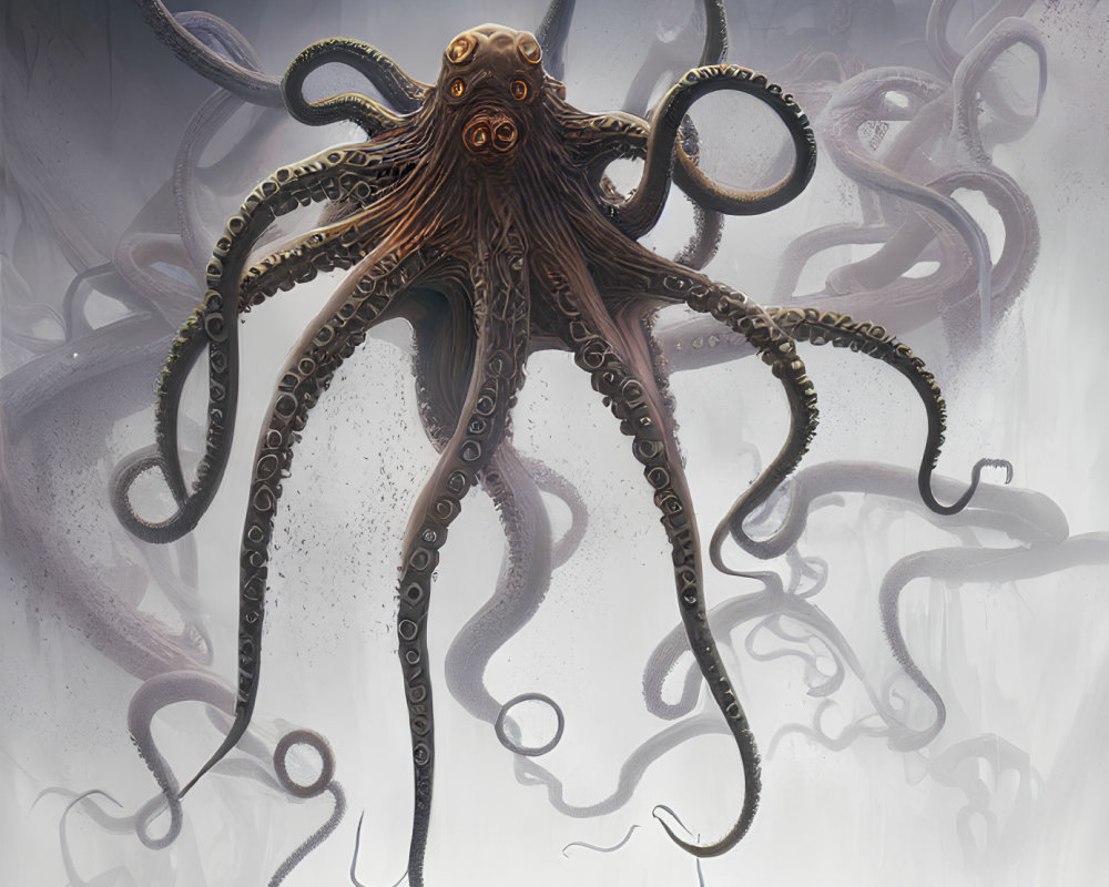 Detailed Illustration: Giant Octopus with Intricate Tentacle Patterns in Ominous Underwater Setting