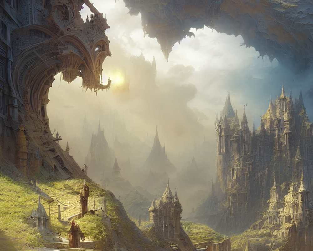 Fantasy landscape with ancient structures on towering cliffs in golden light