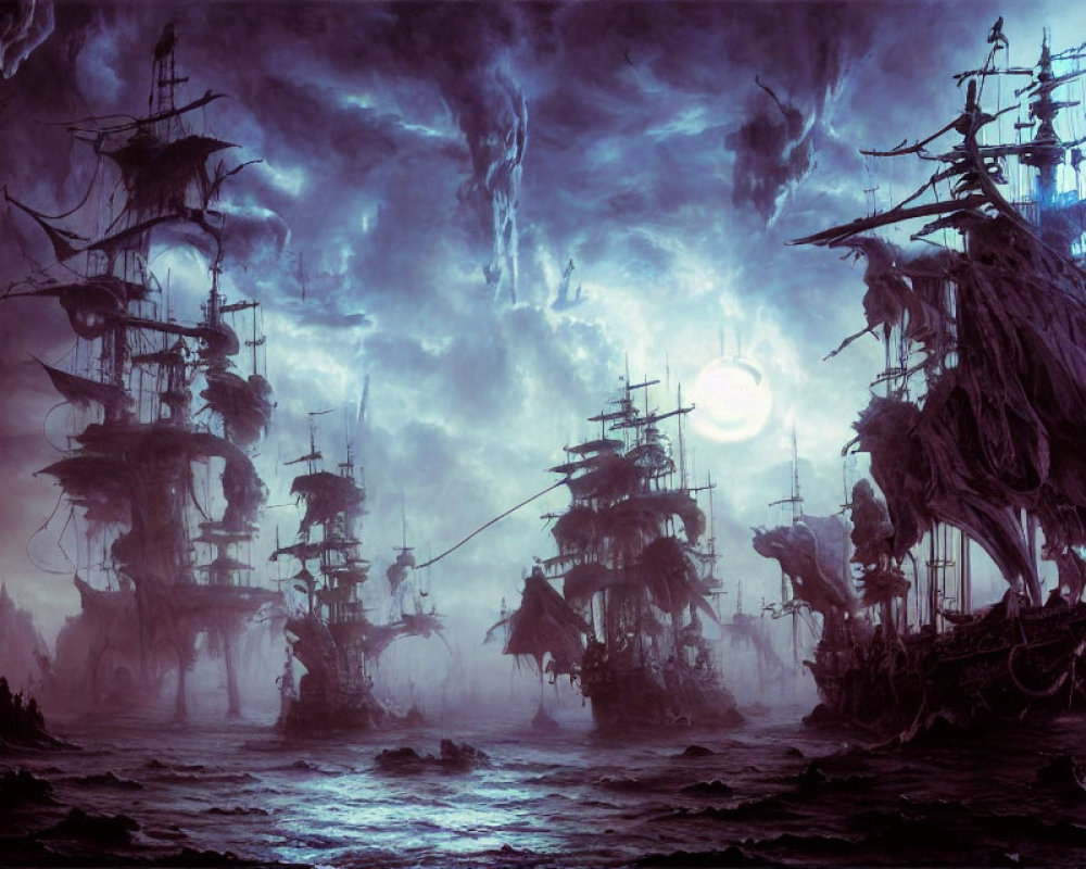 Ghostly ships in misty dark blue atmosphere with eerie figures and haunting moon