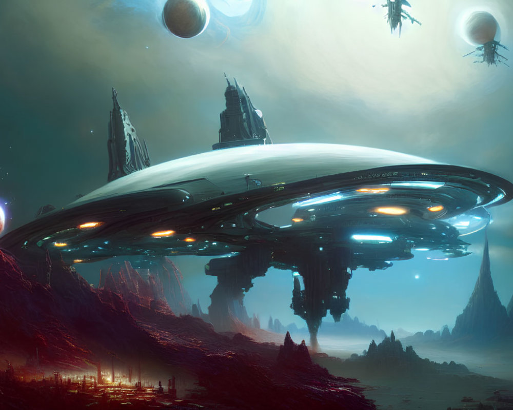 Gigantic spaceship over alien landscape with towering structures