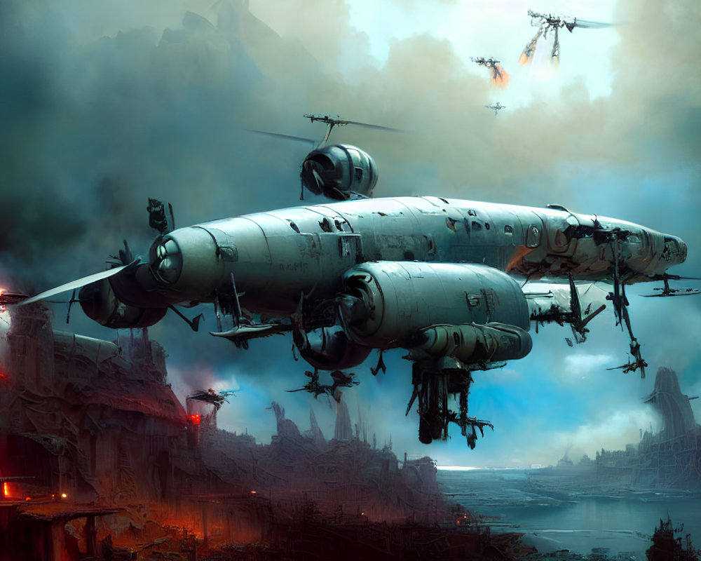 Futuristic airborne battleship over dystopian cityscape with propellers and smaller aircraft in moody