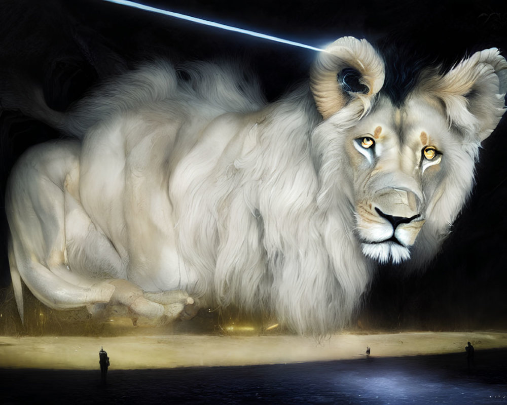 White lion with luminous eyes resting in dark space with two human figures.