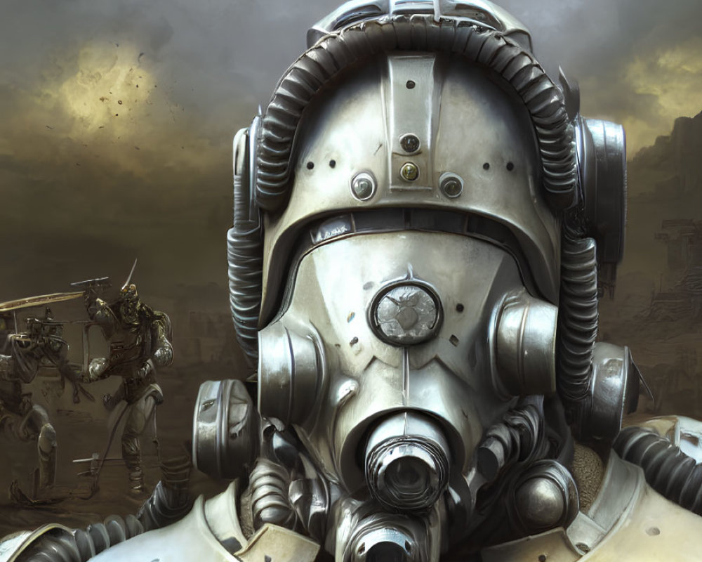 Detailed futuristic soldier in heavy armor on dystopian battlefield