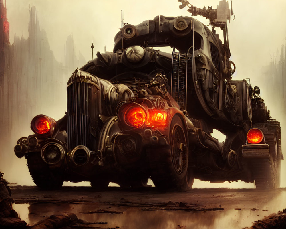 Armored vehicle with red headlights in dystopian setting