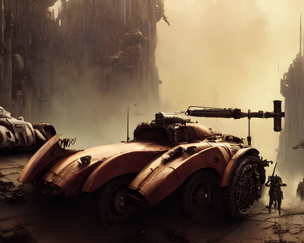 Futuristic armored vehicle and robotic figure in dystopian ruins