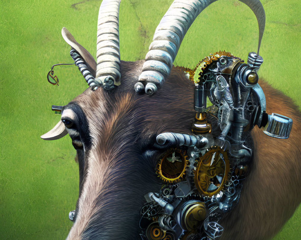 Surreal goat illustration with mechanical parts on one side