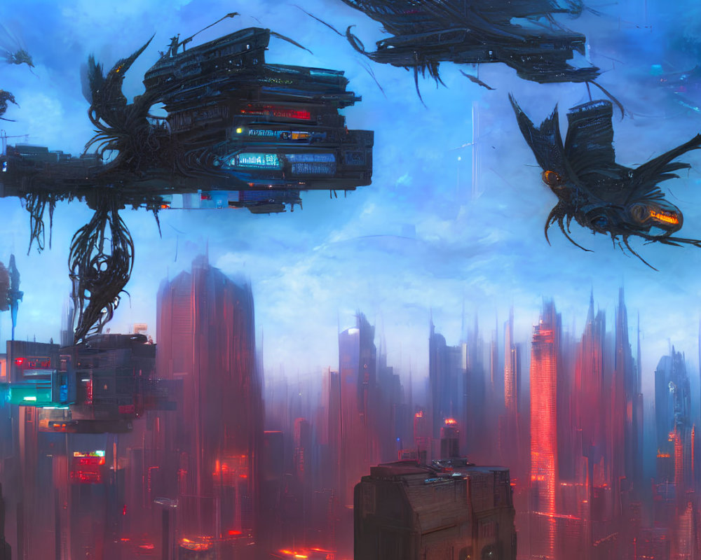 Futuristic cityscape with mist, skyscrapers, and flying bird-like structures