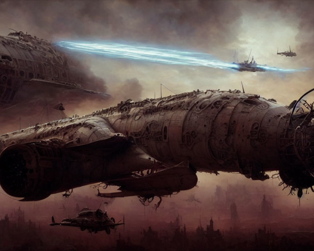 Dystopian scene: dilapidated airships over desolate cityscape