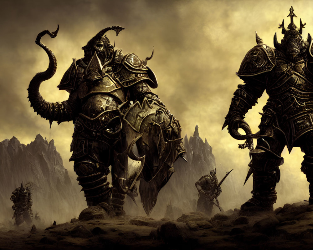 Dark Fantasy Artwork: Ominous Armored Warriors in Foreboding Landscape