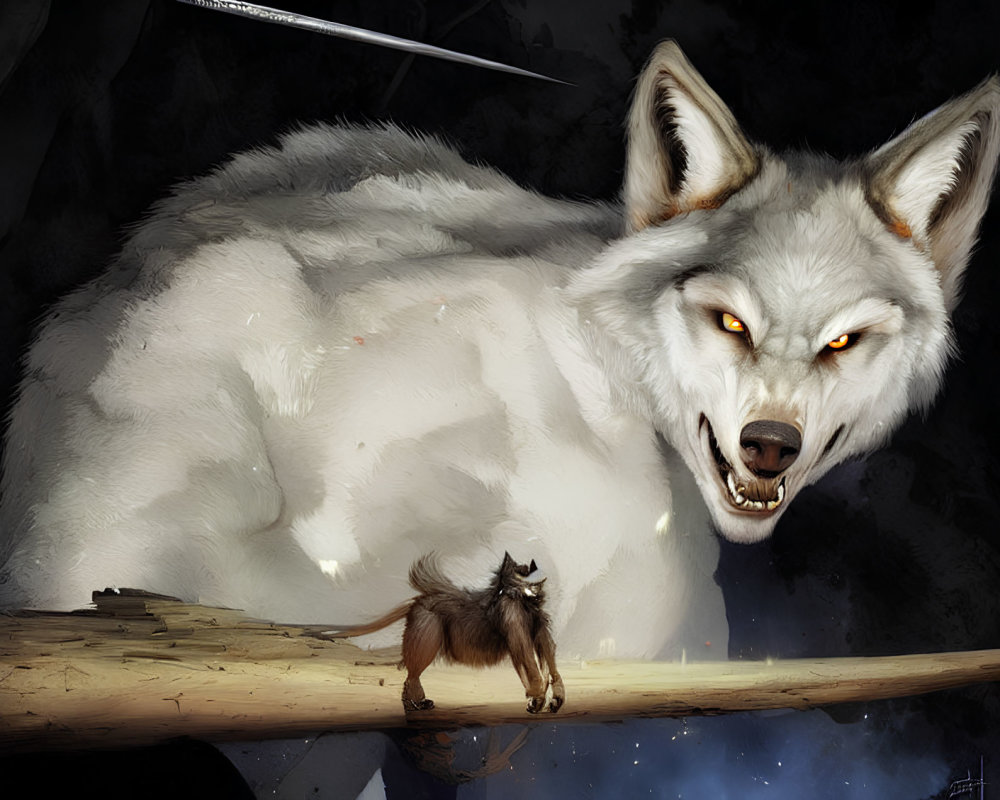 White wolf confronts brown cat on tree branch under dark sky with falling sword