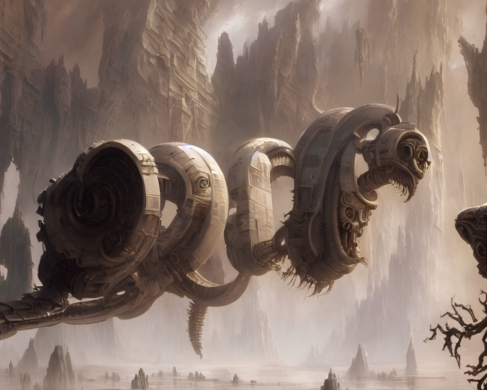 Fantastical landscape with mechanical rings, cliffs, and hazy backdrop