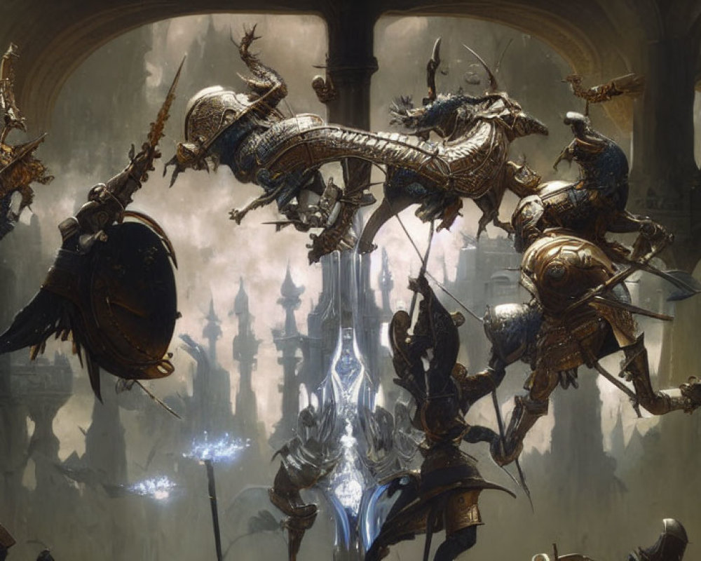 Armored warriors and creatures clash in epic aerial battle in cathedral setting