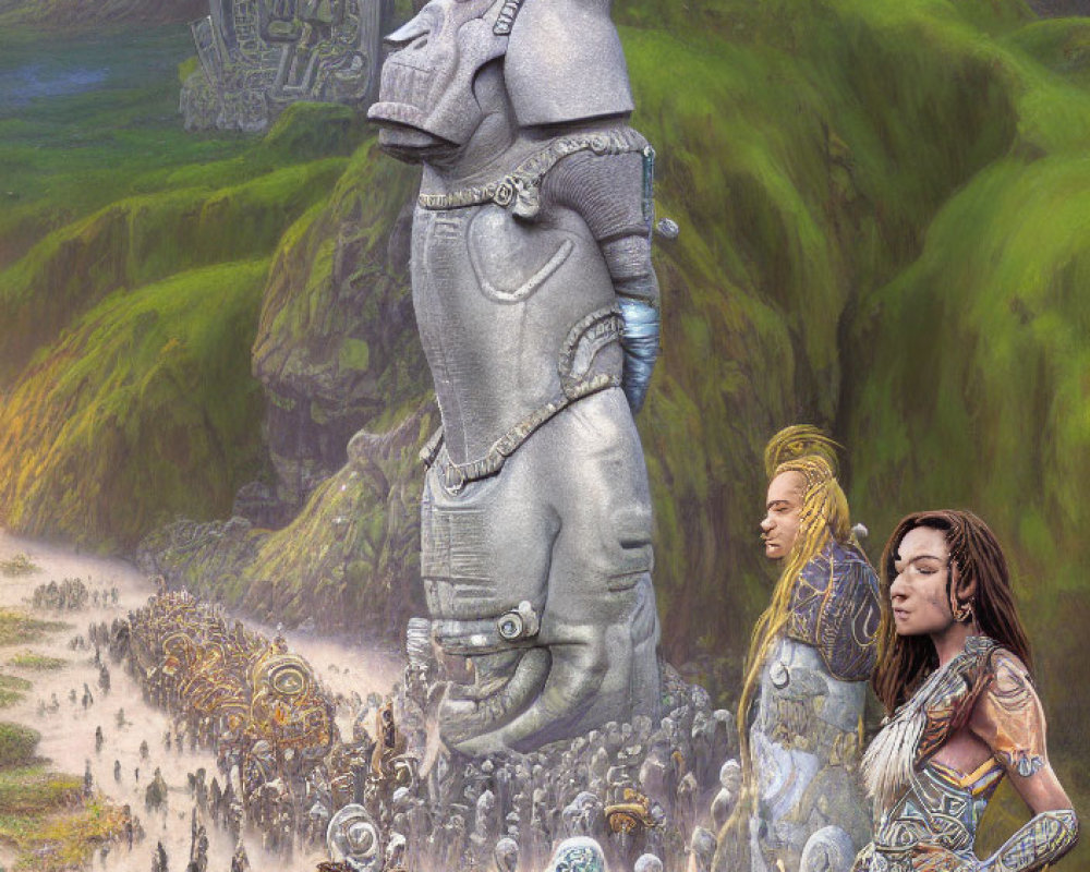 Gigantic stone statue overseeing tribal warriors and landscape