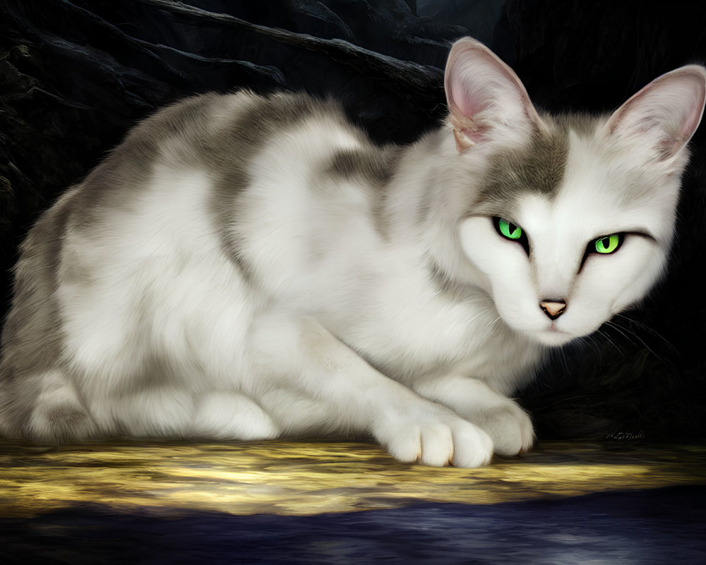 White and Gray Cat with Green Eyes in Digital Painting